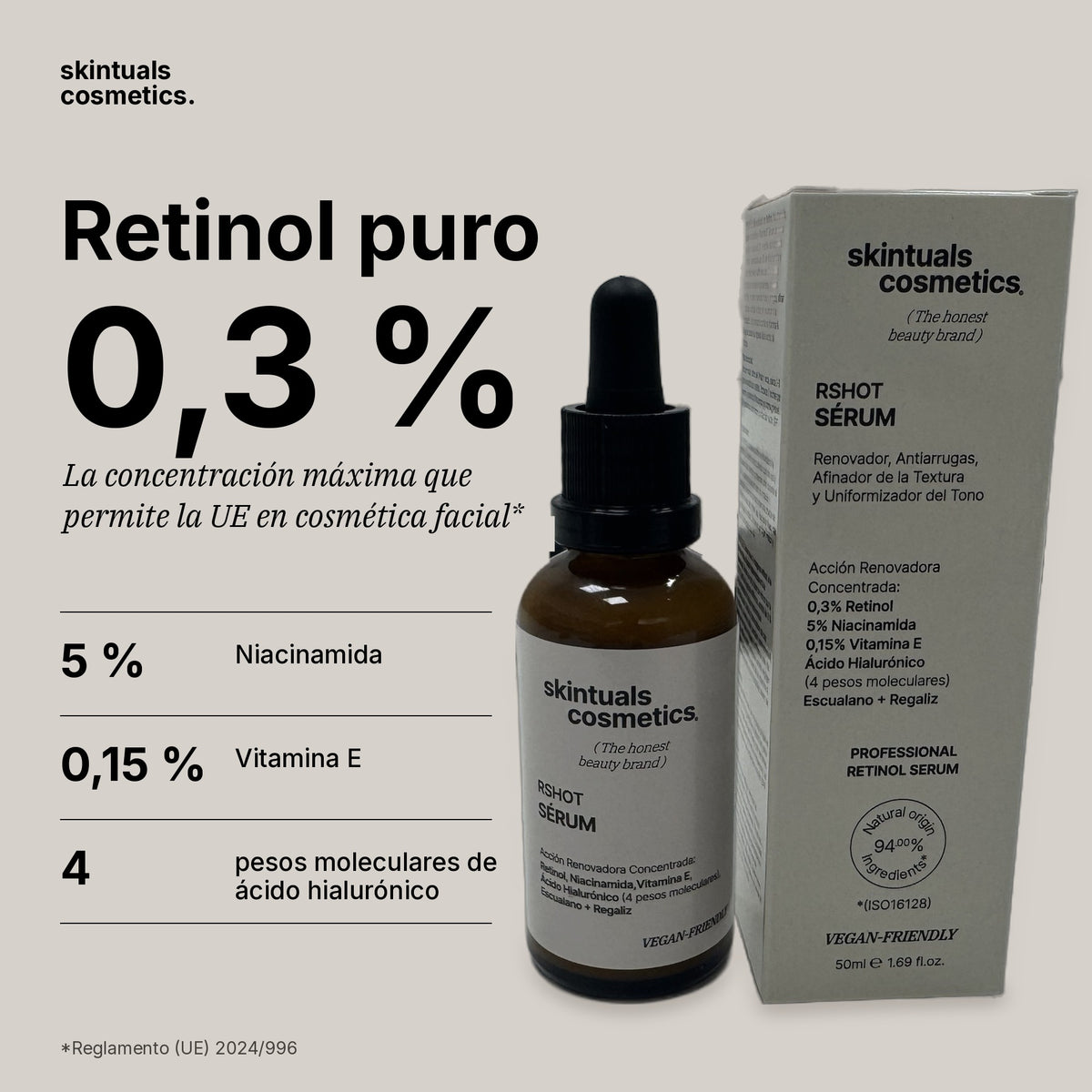 RSHOT SÉRUM – Sérum Facial de Noche con Retinol Puro 0,3 %, Niacinamida 5 % y Ácido Hialurónico 50 ml
