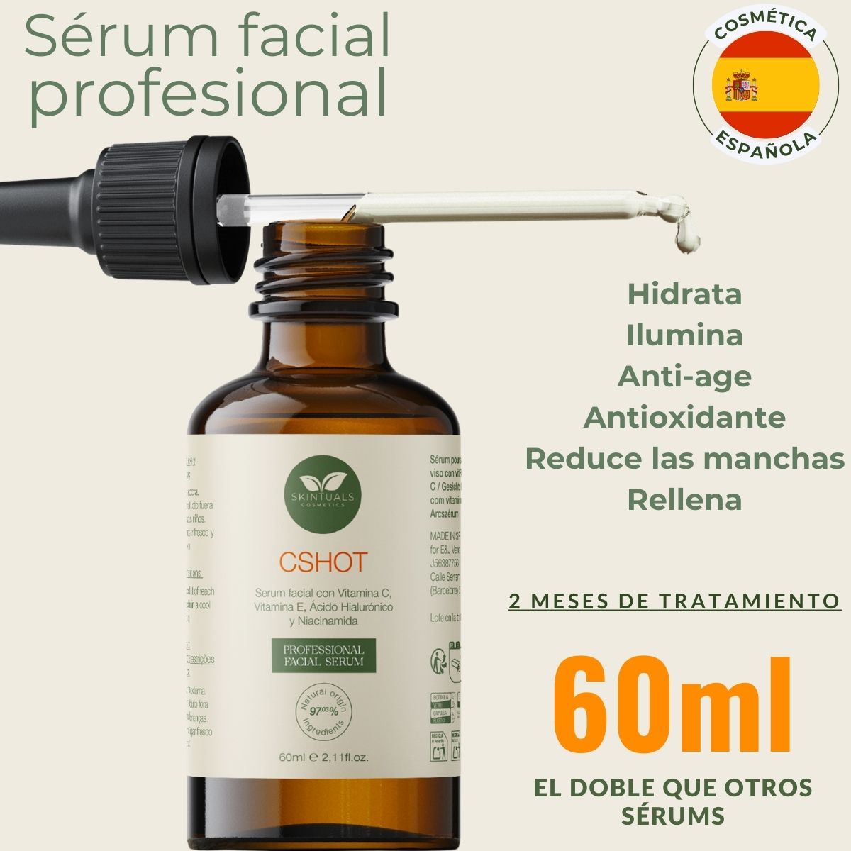 CSHOT SERUM - Sérum Facial con Vitamina C, E, Ácido Hialurónico, Niacinamida y Aloe Vera 60ml.