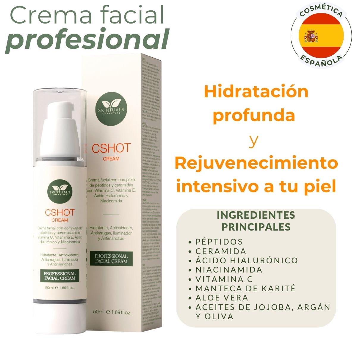 CSHOT CREAM - Crema Hidratante Facial con Complejo de Péptidos y Ceramidas, Vitamina C, E, Ácido Hialurónico, Niacinamida y Aloe Vera 50ml